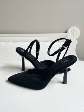 BLACK FAUX SUEDE POINTED HIGH HEEL SHOES SILVER BUCKLE ANKLE STRAP